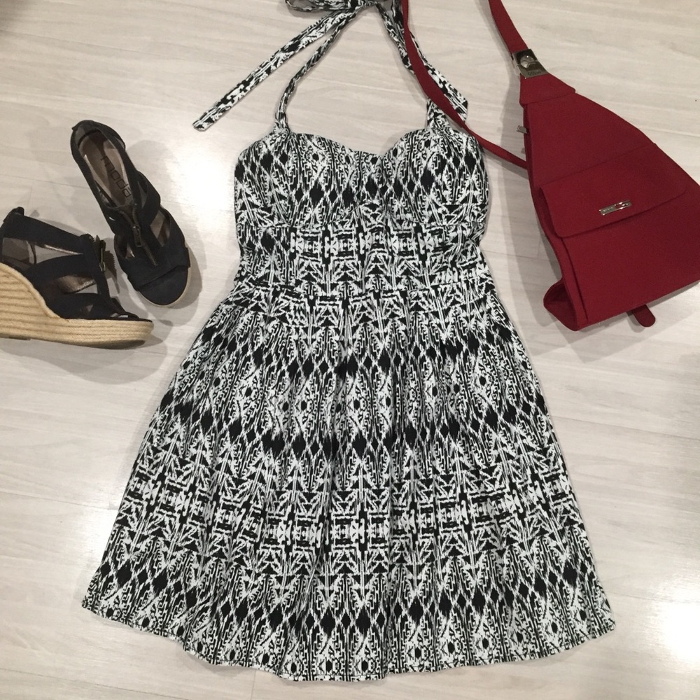 100% cotton halter dress in black and white print